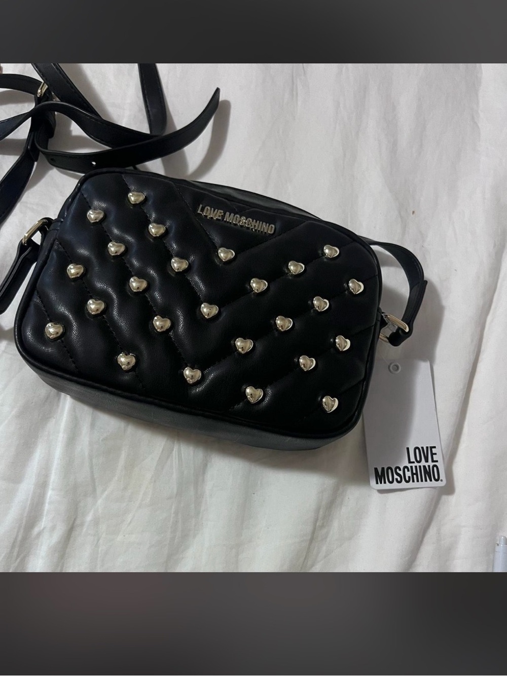 Love Moschino Black Quilted Heart-Stud Crossbody Bag with Gold Accents